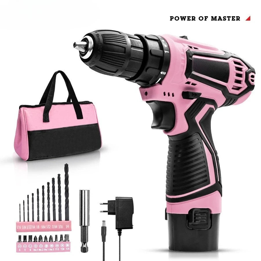 Pink Cordless Electric Drill Set
