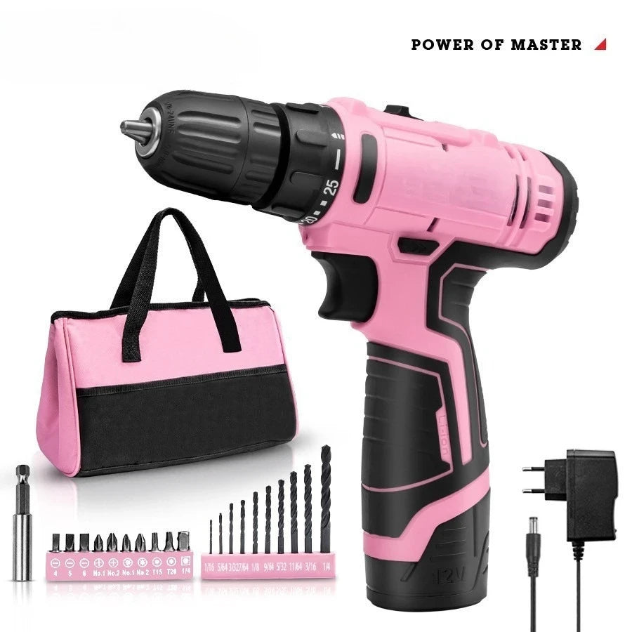 Pink Cordless Electric Drill Set