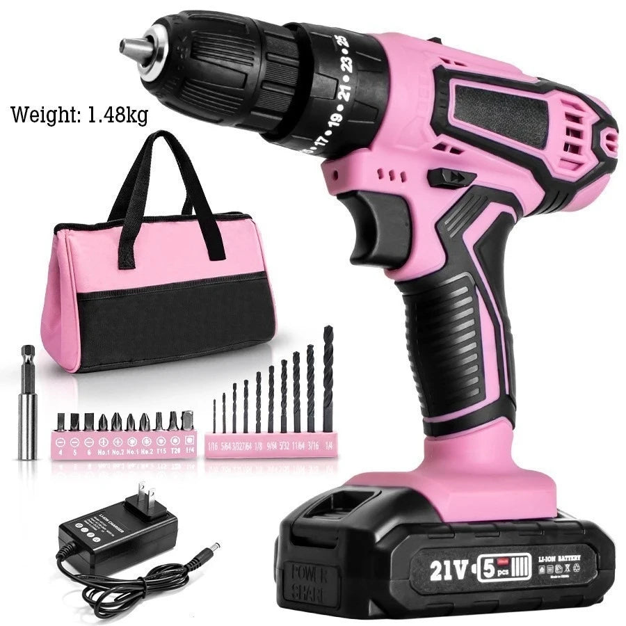 Pink Cordless Electric Drill Set