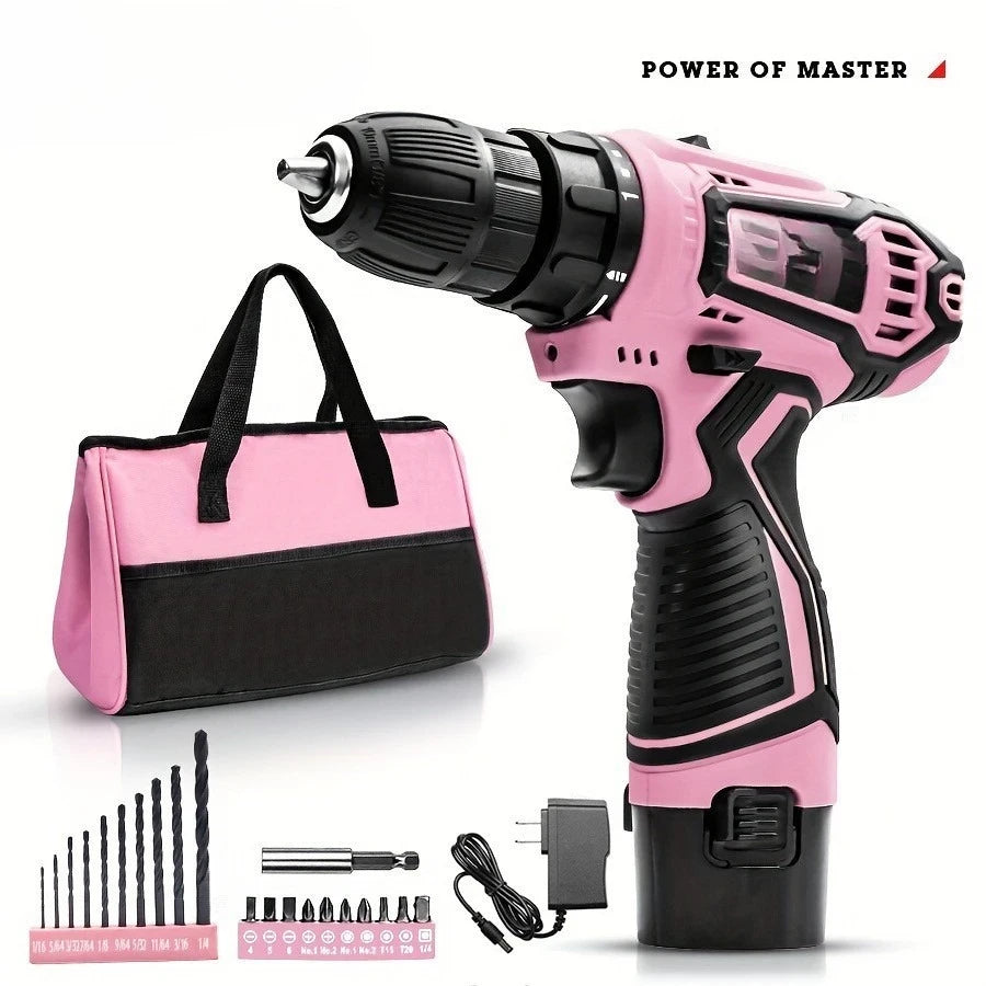 Pink Cordless Electric Drill Set