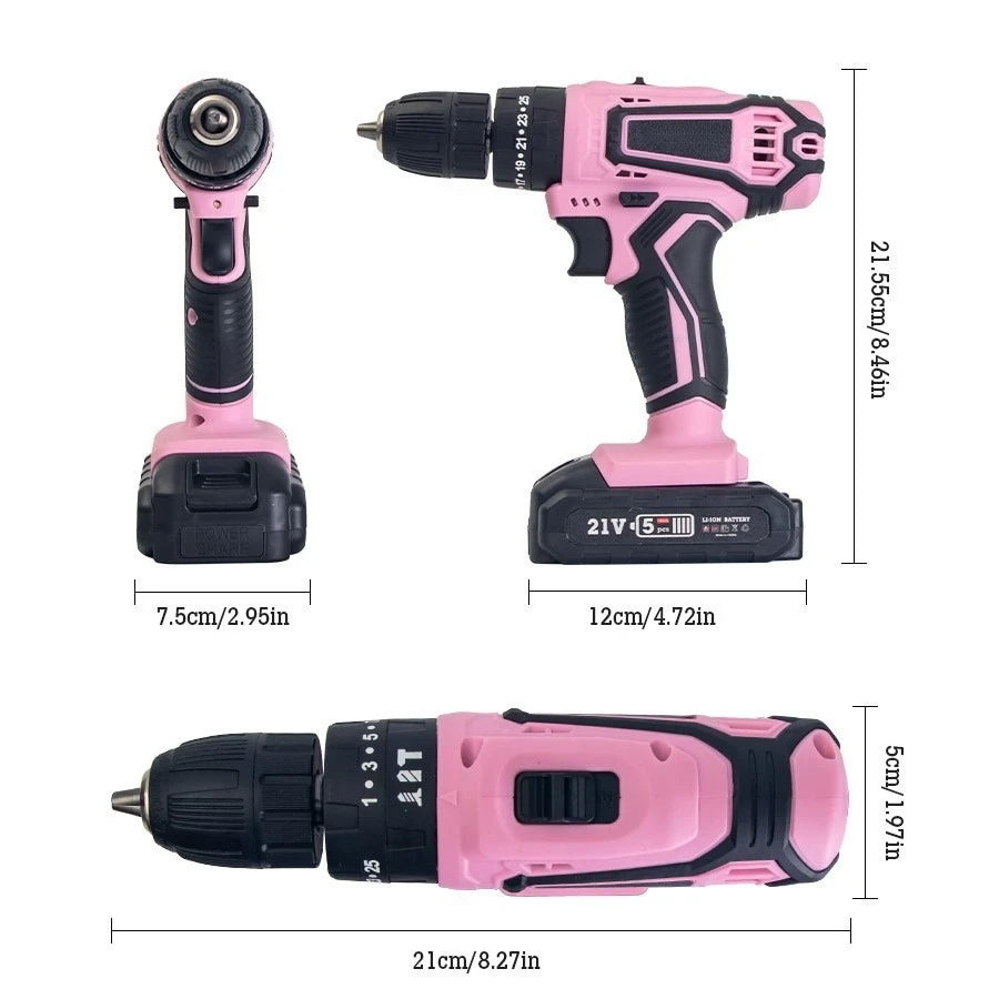 Pink Cordless Electric Drill Set