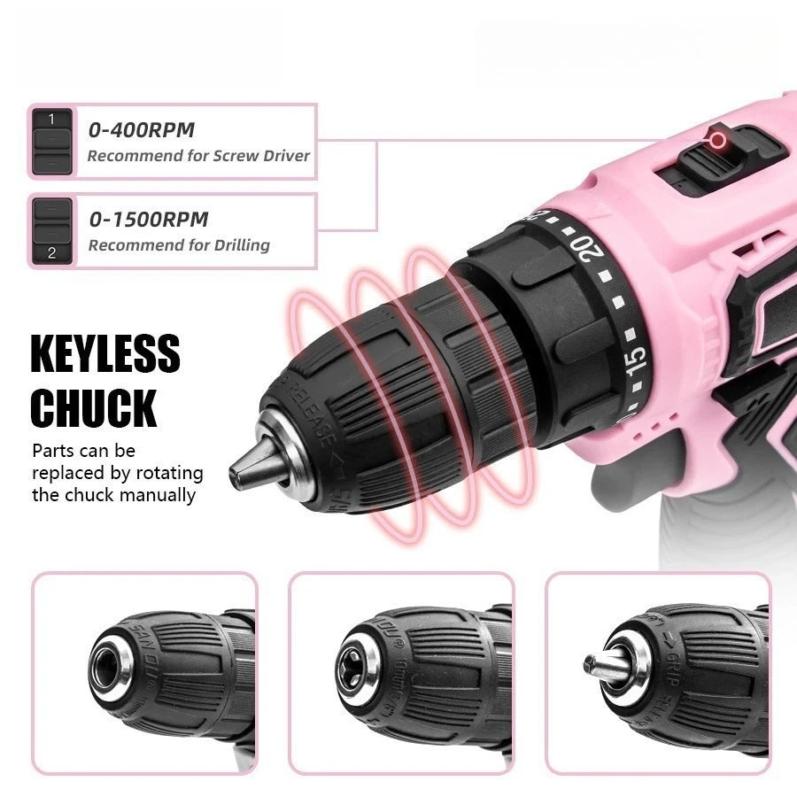 Pink Cordless Electric Drill Set