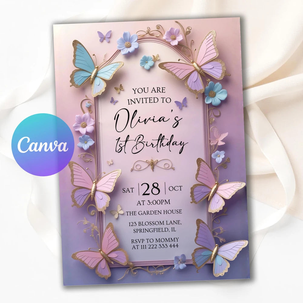 Purple Butterfly First Birthday Invitation Template
