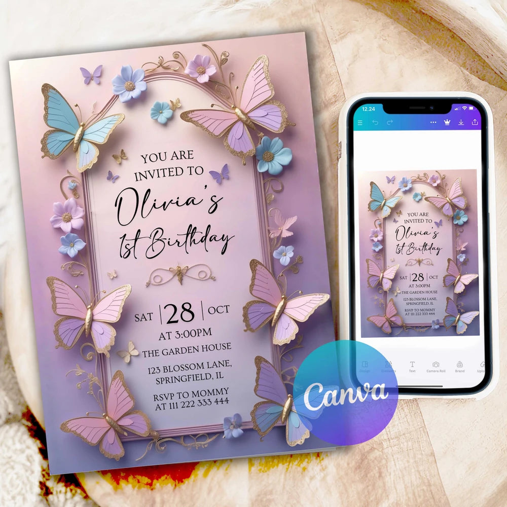 Purple Butterfly First Birthday Invitation Template