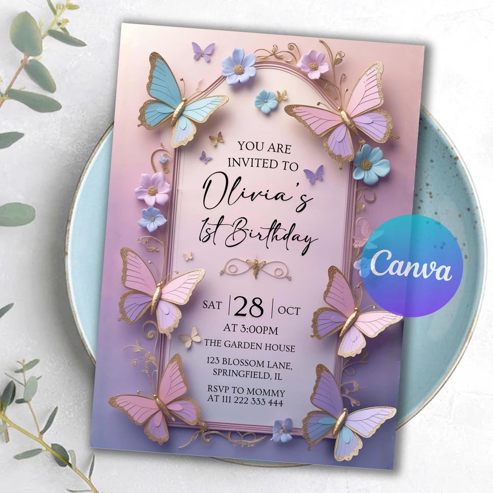 Purple Butterfly First Birthday Invitation Template