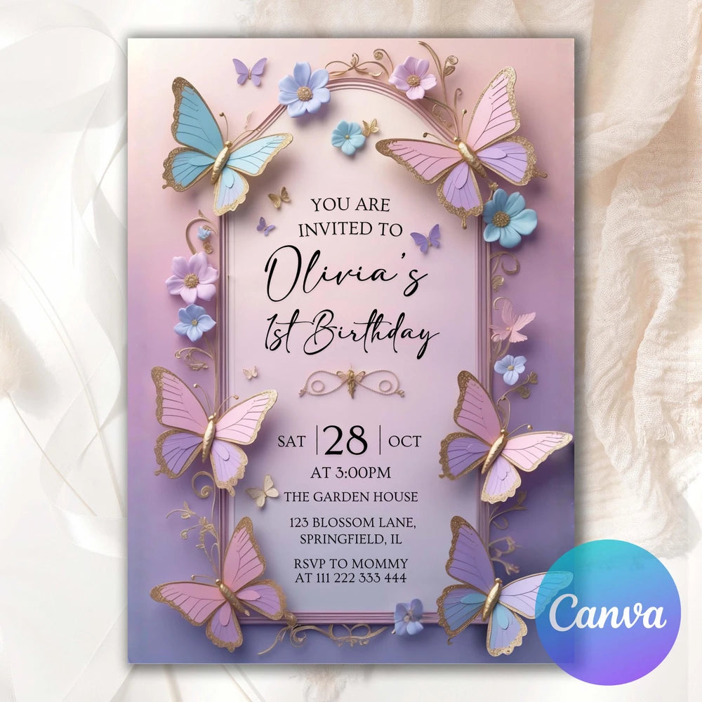 Purple Butterfly First Birthday Invitation Template