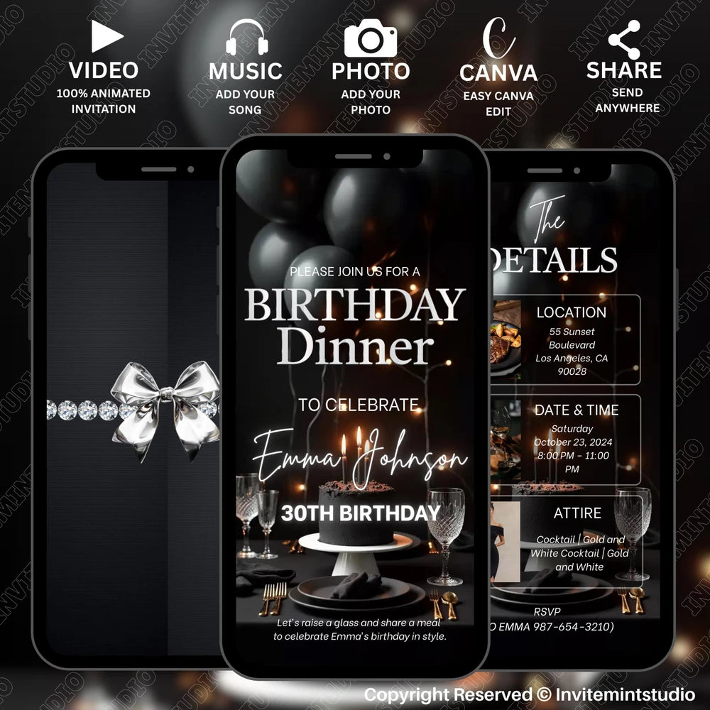 Elegant Modern Birthday Dinner Invitation Video