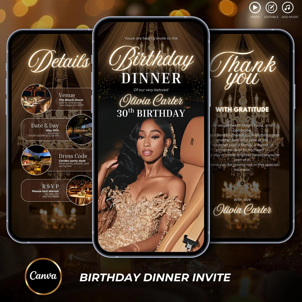 Luxury Gold Birthday Dinner Digital Invitation