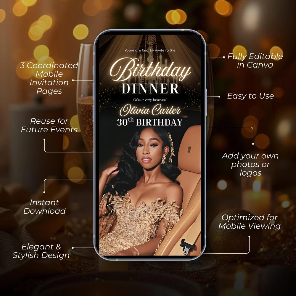 Luxury Gold Birthday Dinner Digital Invitation