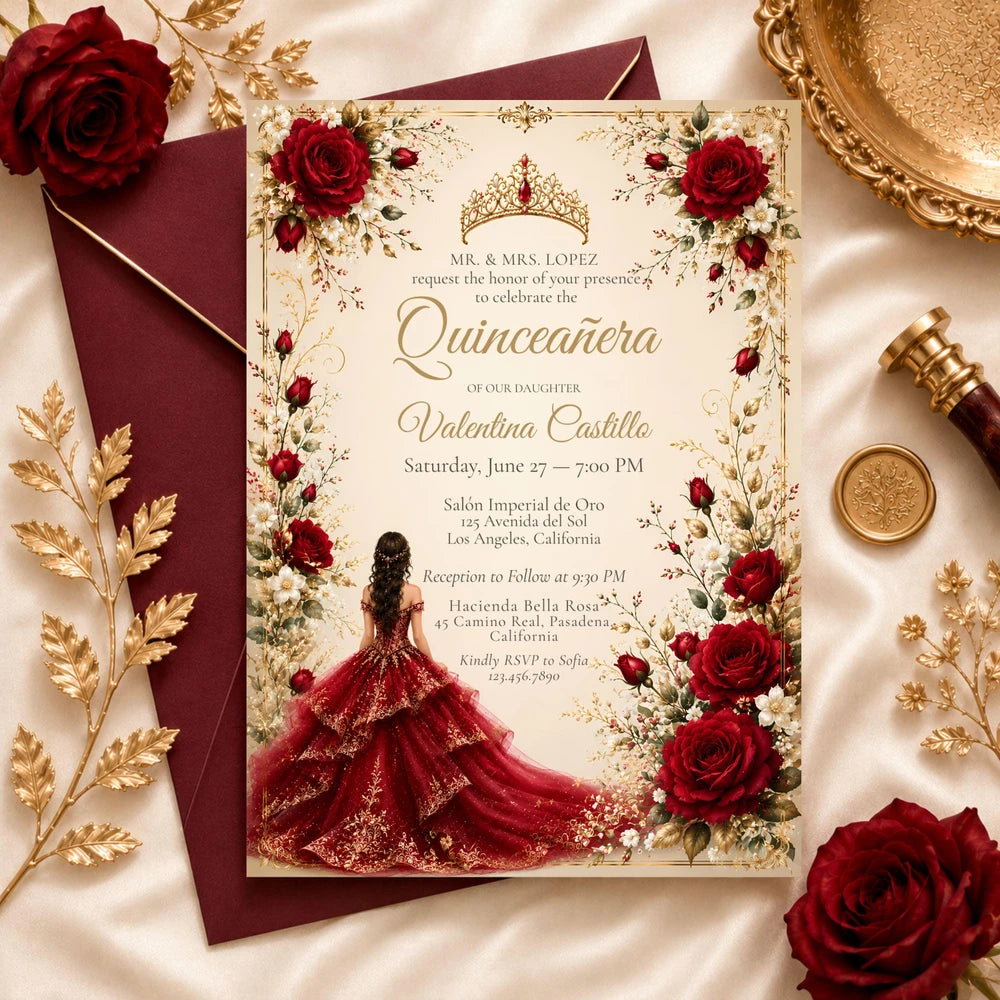 Burgundy Floral Quinceanera Invitation Template