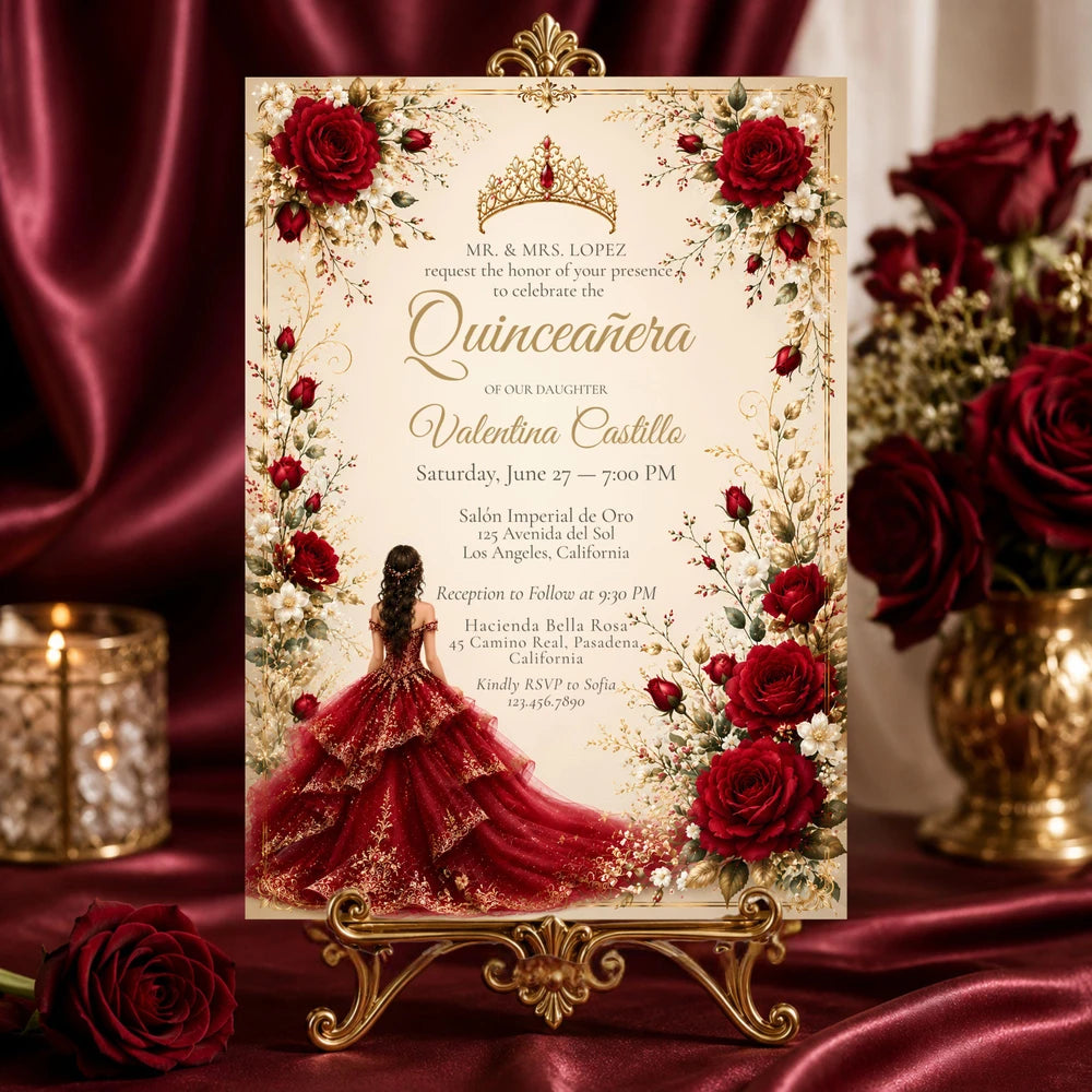 Burgundy Floral Quinceanera Invitation Template
