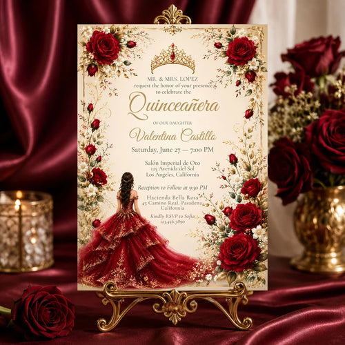 Burgundy Floral Quinceanera Invitation Template