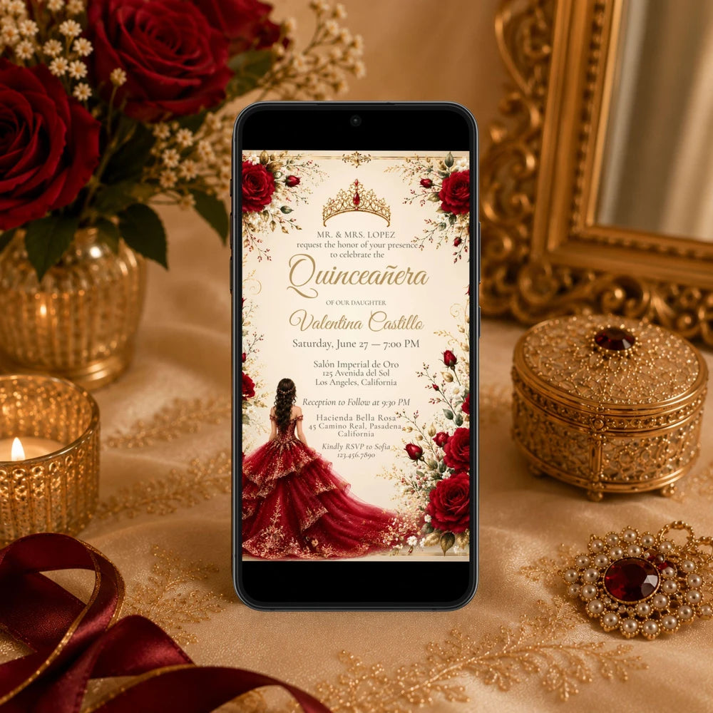 Burgundy Floral Quinceanera Invitation Template