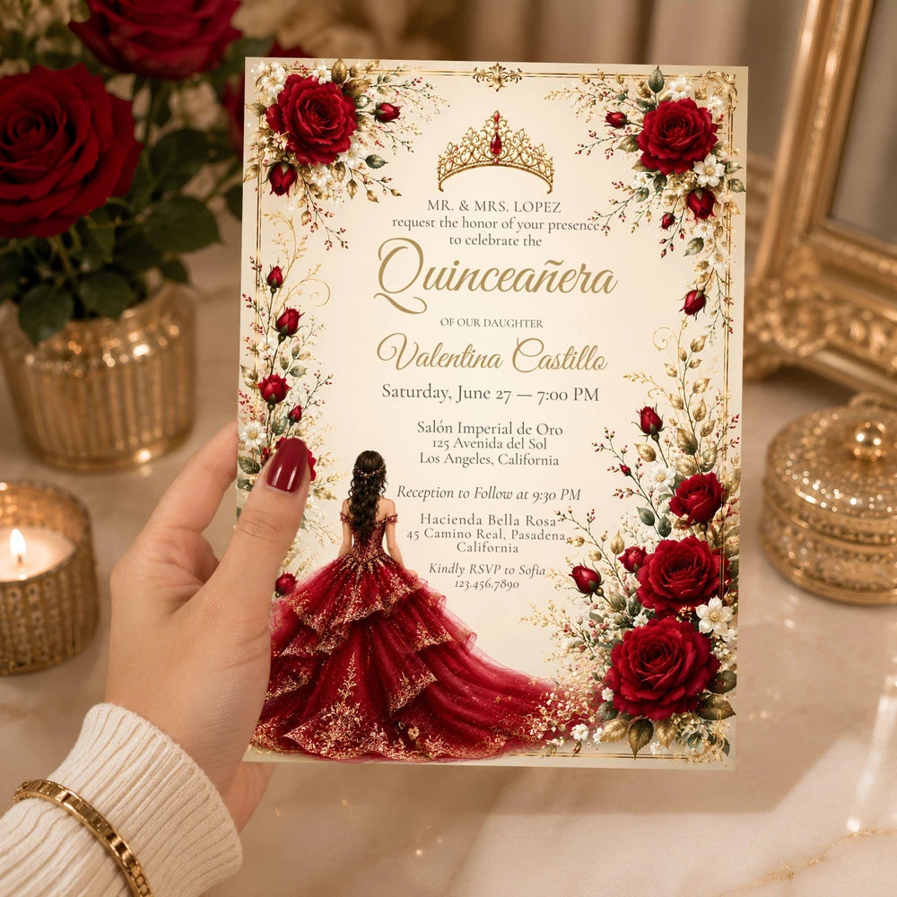 Burgundy Floral Quinceanera Invitation Template