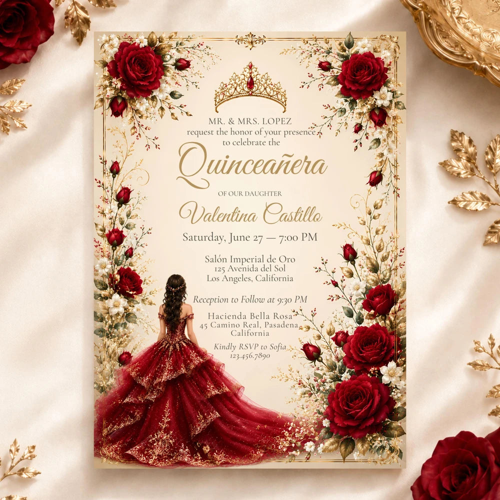 Burgundy Floral Quinceanera Invitation Template