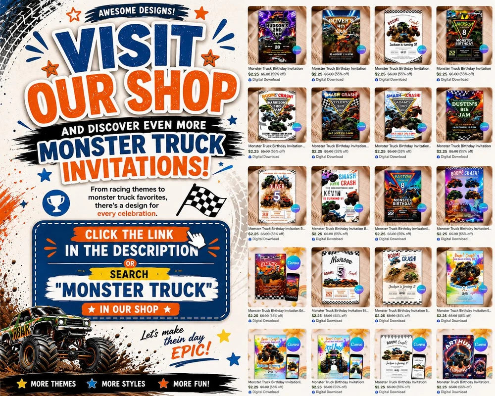 Editable Monster Truck Birthday Invitation Template