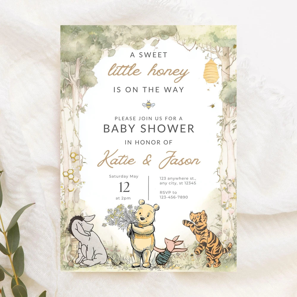Editable Pooh Bear Baby Shower Invitation Template