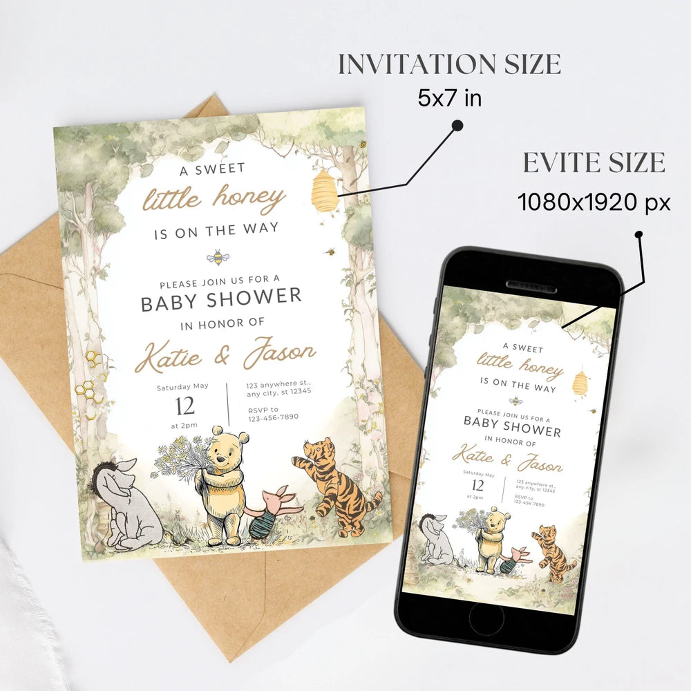 Editable Pooh Bear Baby Shower Invitation Template